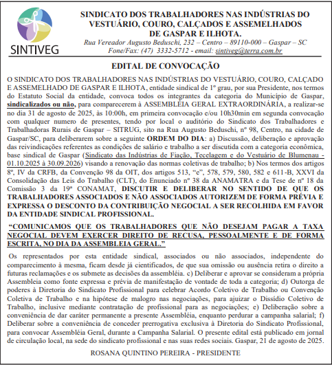 CCT Gaspar edital de convocação